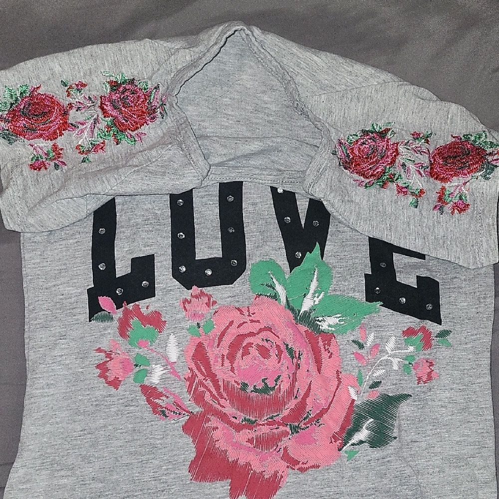 dELiA*s Gray Hoodie with Pink and Green Floral Design
